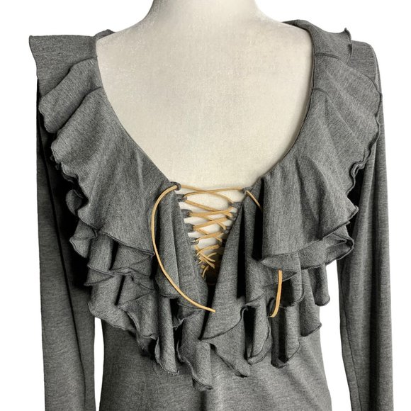 Union of Angels Ruffle Front Sheath Dress M Grey Leather Lace Up Stretch Knit - Picture 2 of 6